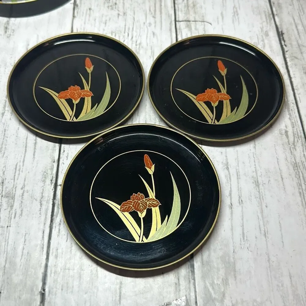 Vintage Otagiri Japan Black Lacquer Coaster Set of 3‎ with Box